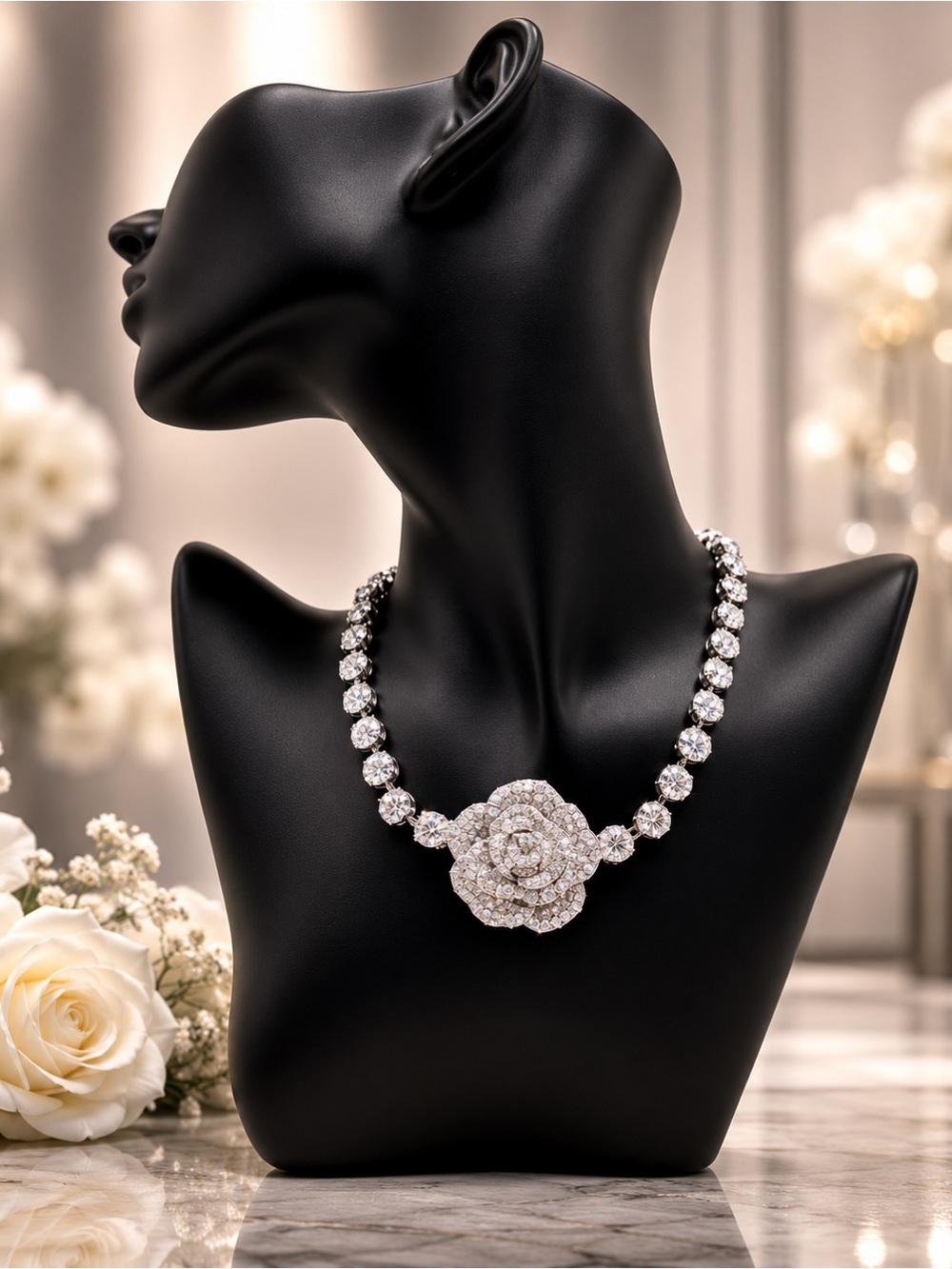Crystal Floral Statement Necklace - Silver Sparkle